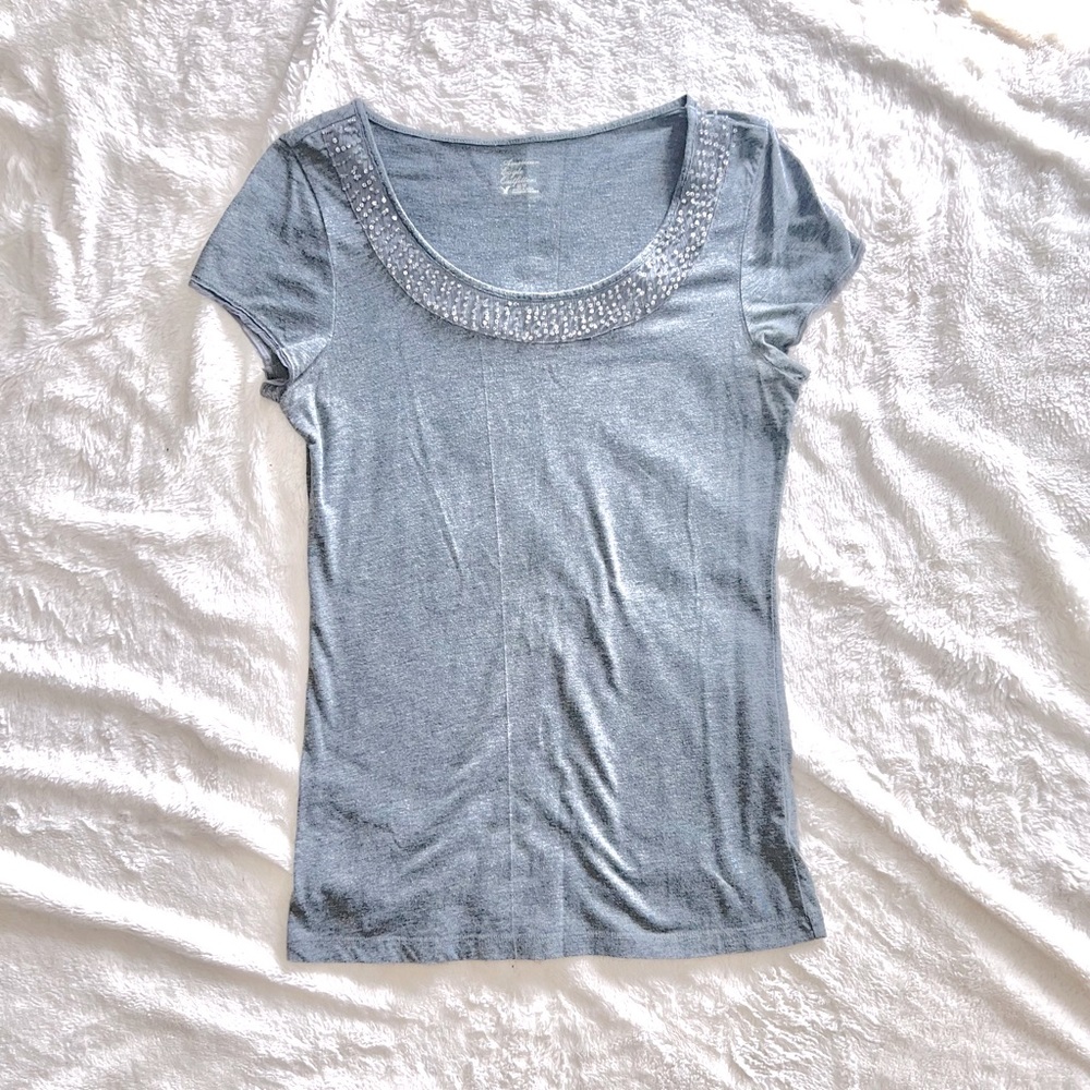 American Eagle Grey Beaded Collar Dressy Short Sleeve Tee - Size Medium